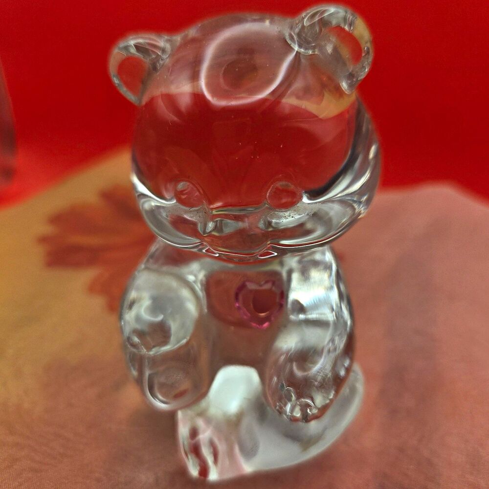 Fenton Clear Glass Bear Figurine Pink Heart Glossy Solid Decorative
